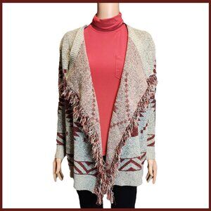 Double Zero Tribal Inspired Fringed Cardigan NWOT Gray & Red Small